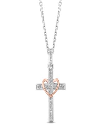 Hallmark Diamonds - Diamond Cross & Heart Pendant Necklace (1/10 ct. t.w.) in Sterlig Silver & 14k Rose Gold
