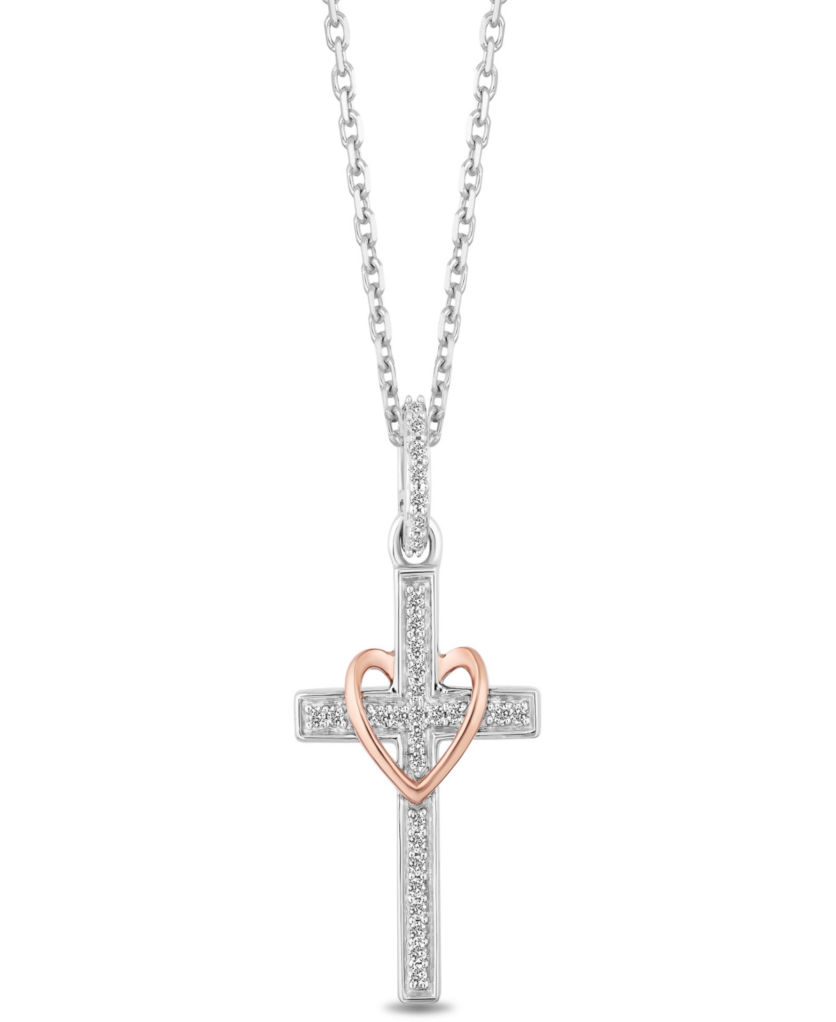 Hallmark Diamonds Tokens by Hallmark Diamonds Cross & Heart Blessings pendant (1/10 ct. t.w.) in Sterling Silver & 14k Rose Gold (16"+2" extender)
