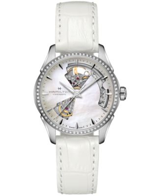 Women's Swiss Automatic Jazzmaster Open Heart Diamond 1/3 ct. t.w. White Leather Strap Watch 36mm