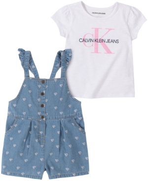 Calvin Klein Baby Girls 2-Pc Logo Top & Printed Chambray Coveralls