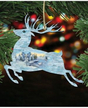 Designocracy Prancing Deer Scenic Wooden Christmas Ornament Set of 2