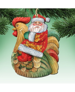 Designocracy Santa Rooster Wooden Christmas Ornament Set of 2
