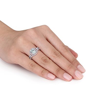 Macy's - Aquamarine (1-1/8 ct. t.w.) & Diamond (1/6 ct. t.w.) Halo Ring in 10k White Gold