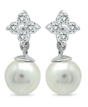 image of Imitation Pearl and Cluster Cubic Zirconia Drop Earrings Crafted in Fine Silver Plate
