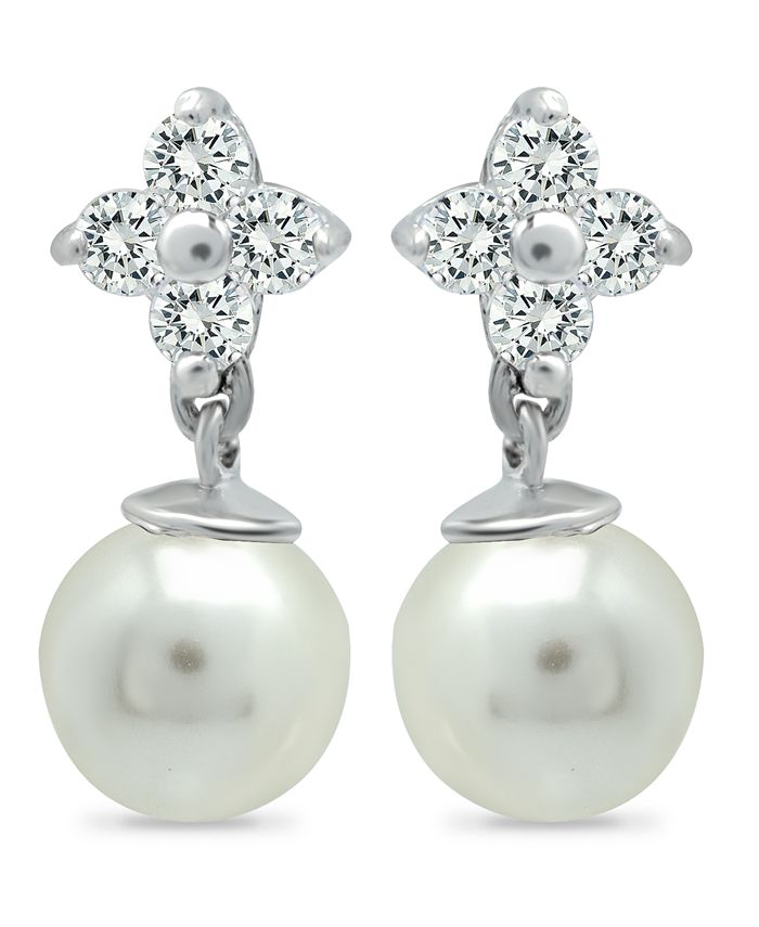 Macy's - Imitation Pearl and Cluster Cubic Zirconia Drop Earrings Crafted in Fine Silver Plate
