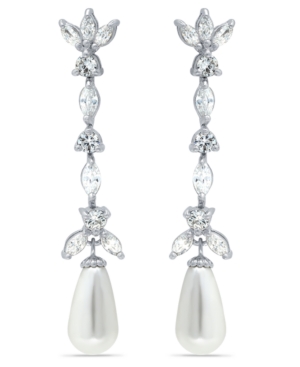 image of Imitation Pearl Marquise Cubic Zirconia Tear Drop Earrings in Fine Silver Plate