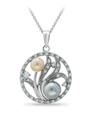 Macy's - Multi-Color Imitation Pearls and Cubic Zirconia Floral Medallion Pendant in Fine Silver Plate 18"