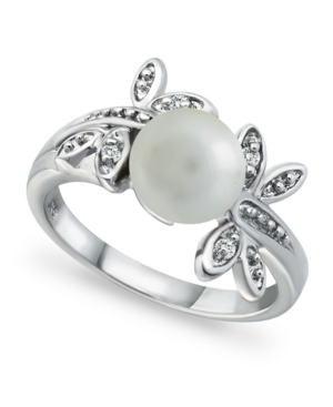 image of Imitation Pearl Cubic Zirconia Dragonfly Ring in Fine Silver Plate