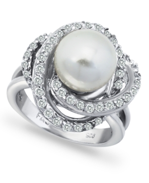 image of Imitation Pearl and Cubic Zirconia Pave Swirl Ring in Fine Silver Plate