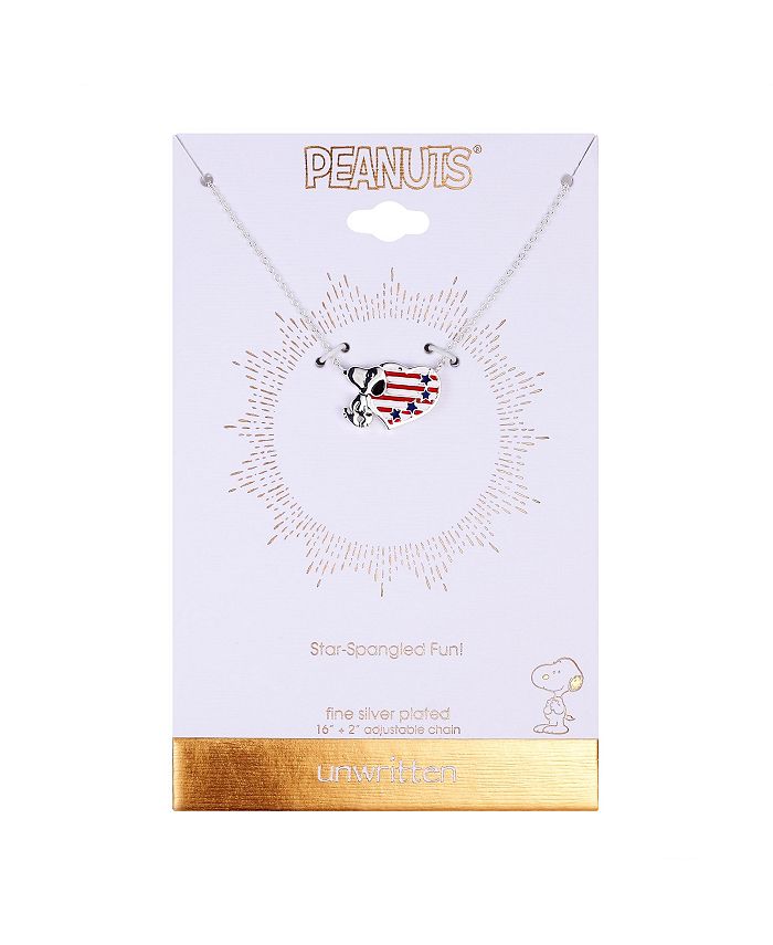 Peanuts - Fine Silver Plated  "Snoopy" Americana Heart Pendant Necklace, 16"+2" for