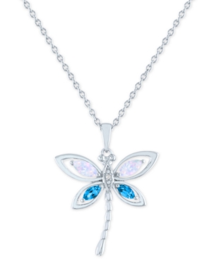 image of Lab-Created Opal (5x2 mm), Blue Topaz (1/10 ct. t.w.) & Diamond Accent Dragonfly Pendant Necklace in Sterling Silver, !6