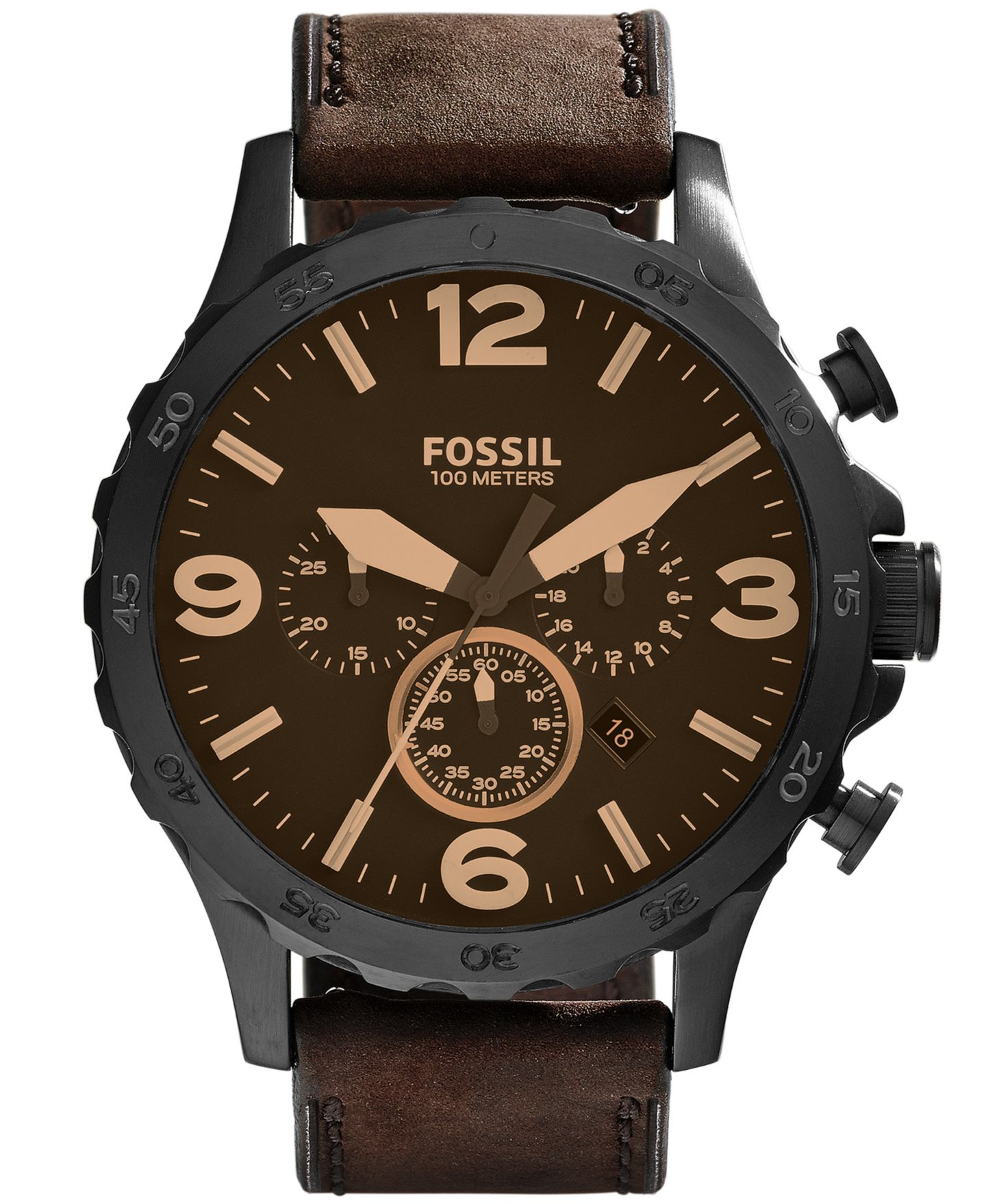 Мужские часы Fossil Nate Brown Leather Strap Watch 50mm — фото 1