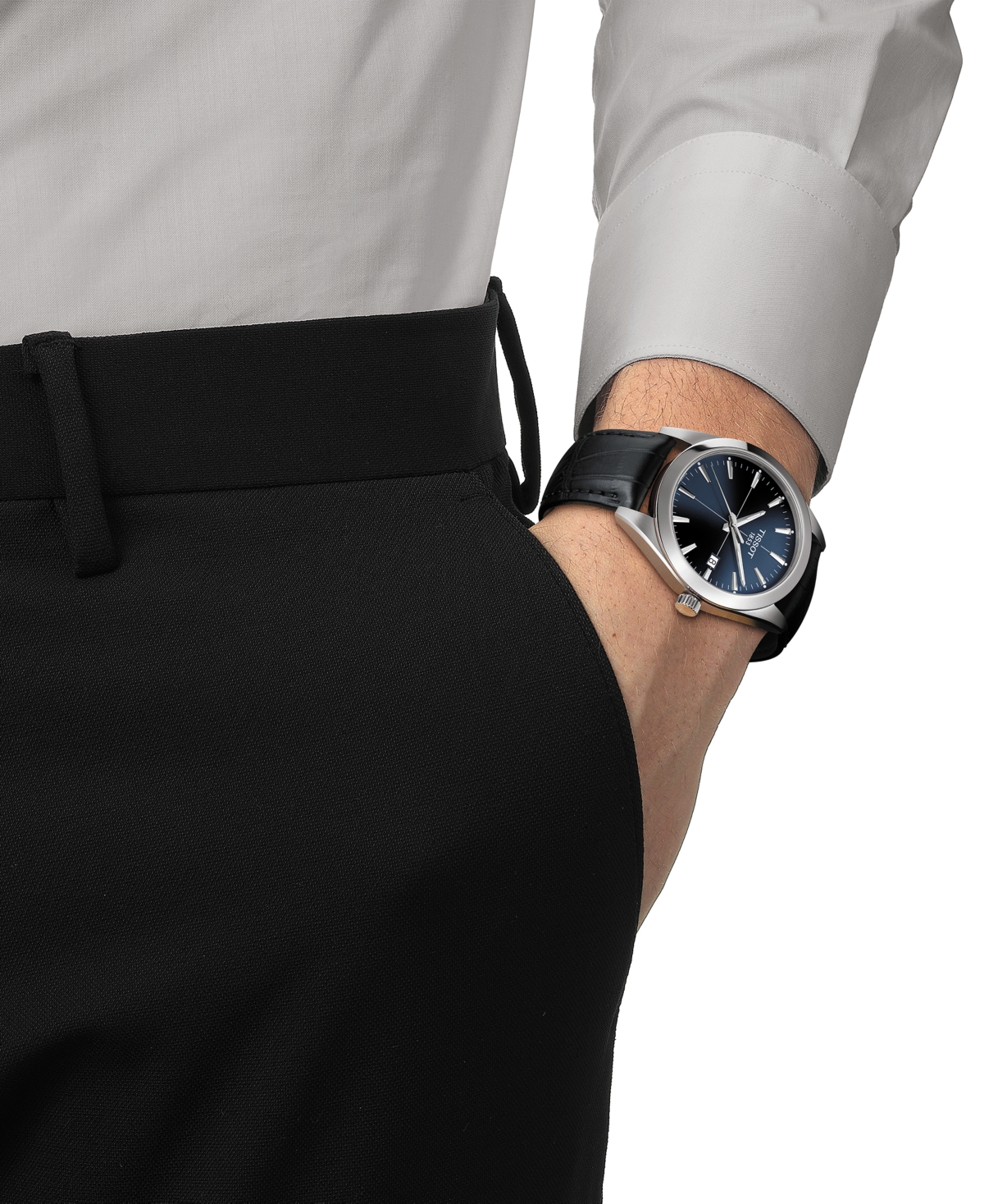 Shop Tissot Men's Swiss Gentleman Black Leather Strap Watch 40mm In Blue