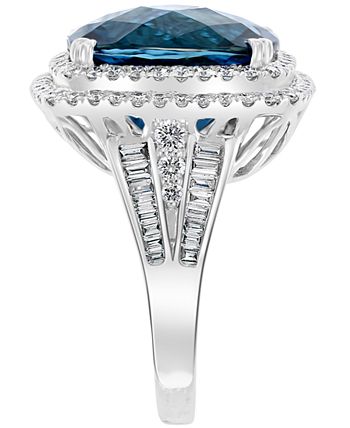 EFFY Collection - London Blue Topaz (12-1/3 ct. t.w.) & Diamond (1-1/5 ct. t.w.) Halo Statement Ring in 14k White Gold