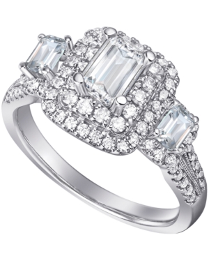 image of Diamond Emerald-Cut Three Stone Halo Engagement Ring (1-1/2 ct. t.w.) in 14k Gold