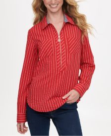 Striped Zip-Up Popover Top