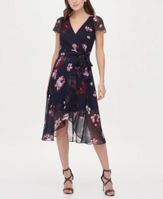 dkny flutter sleeve floral chiffon midi dress