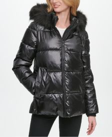 High-Shine Faux-Fur Trim Hooded Puffer Coat