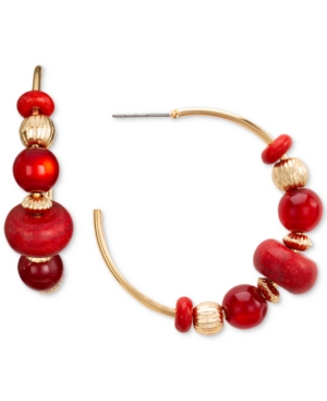 image of Style & Co Gold-Tone Medium Red Beaded C-Hoop Earrings, 1.5
