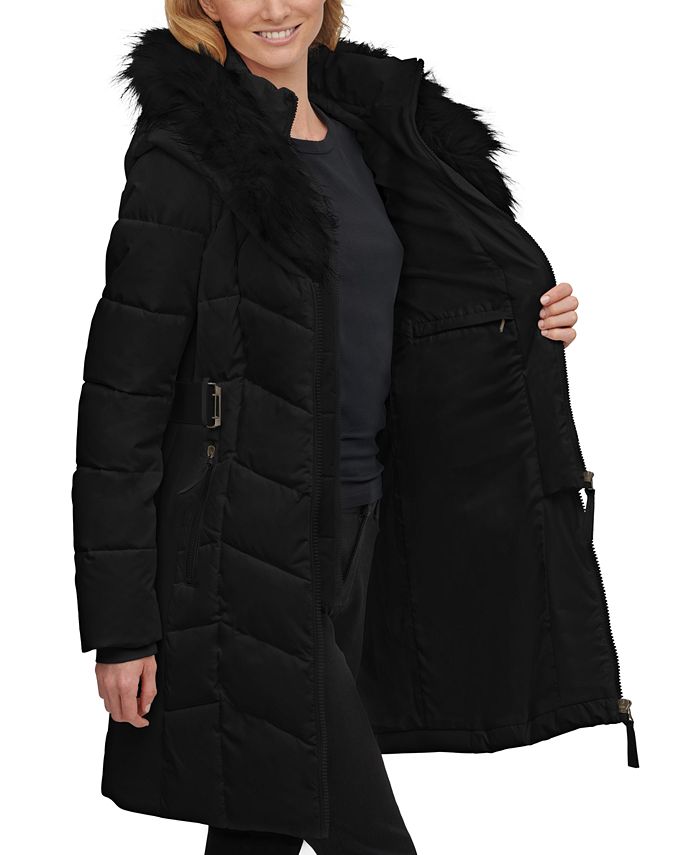 Calvin Klein Belted Faux-Fur-Trim Hooded Puffer Coat & Reviews - Coats ...