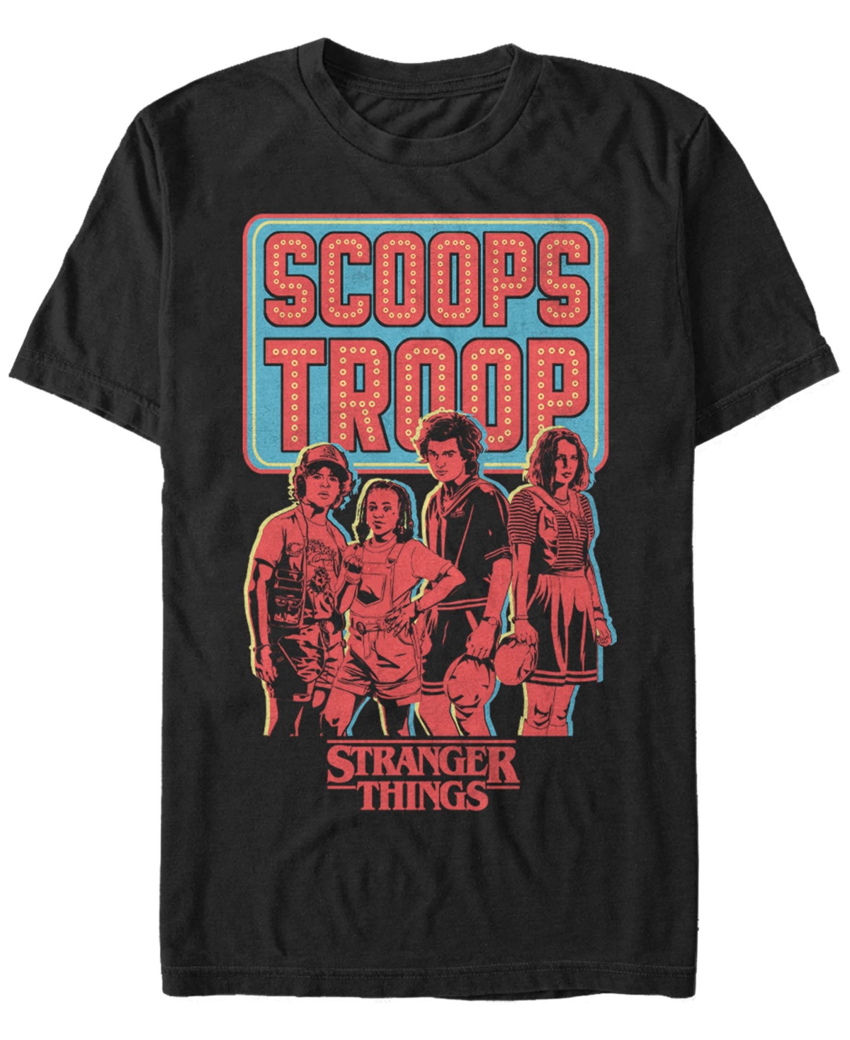 Fifth Sun Stranger Things Men's Scoops Troop Portrait Short Sleeve T-shirt In Black