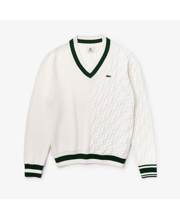 Lacoste Men's LIVE Long Sleeve V-neck Striped Combo Cable Knit Sweater ...