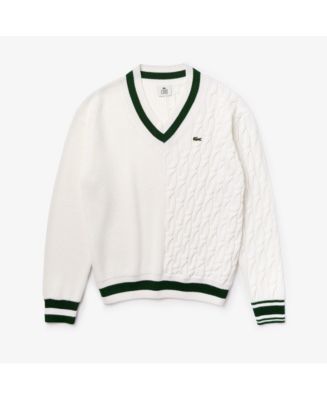 Lacoste Men's LIVE Long Sleeve V-neck Striped Combo Cable Knit Sweater Macy's
