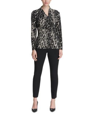 DKNY Women's Animal Print Matte Jersey Faux Wrap Top