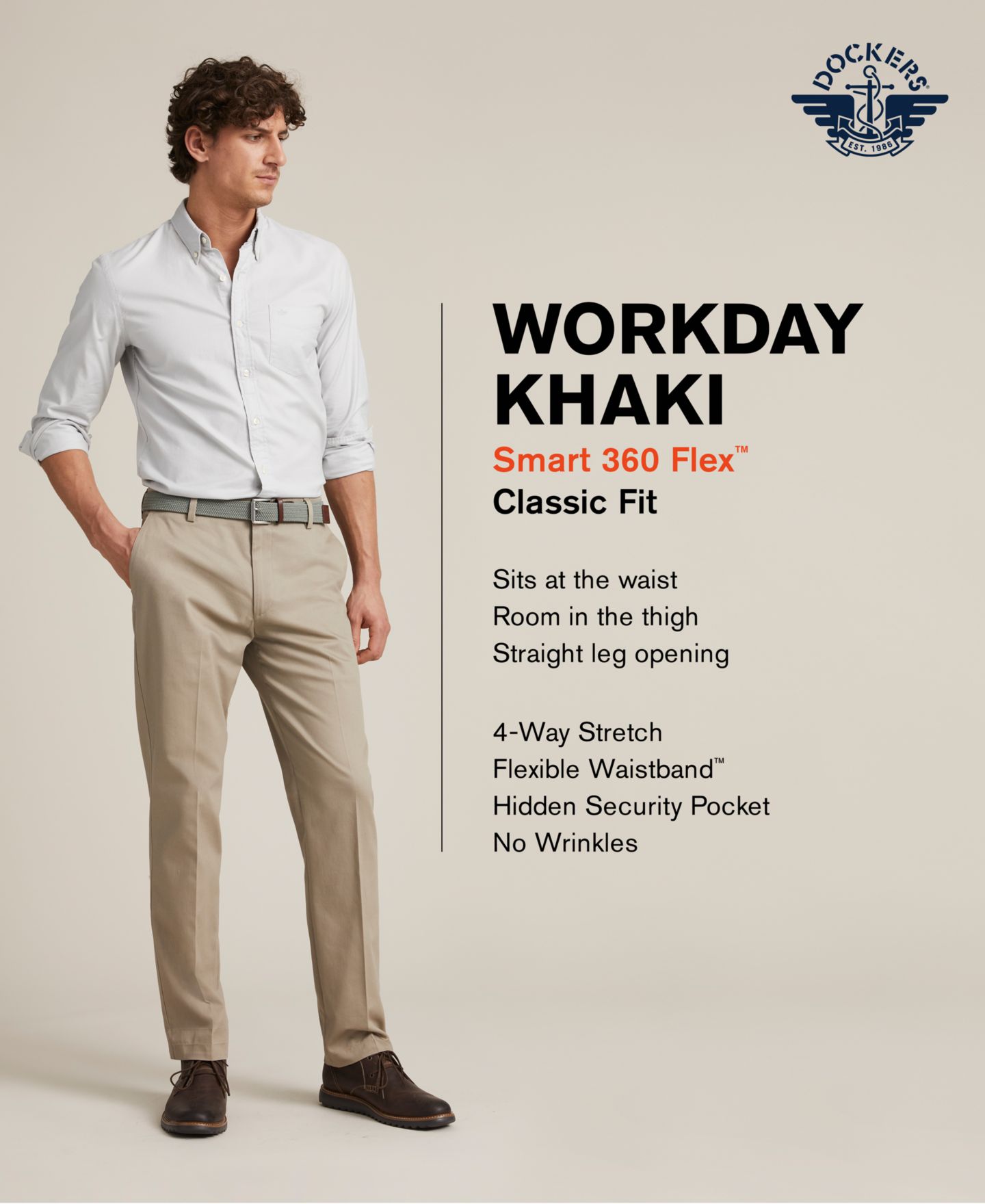Мужские брюки Dockers Workday Smart 360 Flex Classic Fit Khaki Stretch, цвет: Песочный бежевый — фото 9