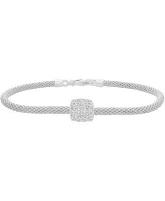 Cubic Zirconia Square Charm Mesh Link Bracelet in Sterling Silver