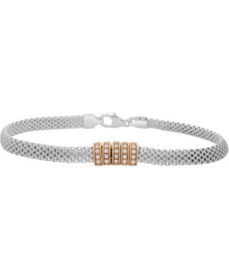 Cubic Zirconia Ring Mesh Link Bracelet in Sterling Silver & Gold-Plate
