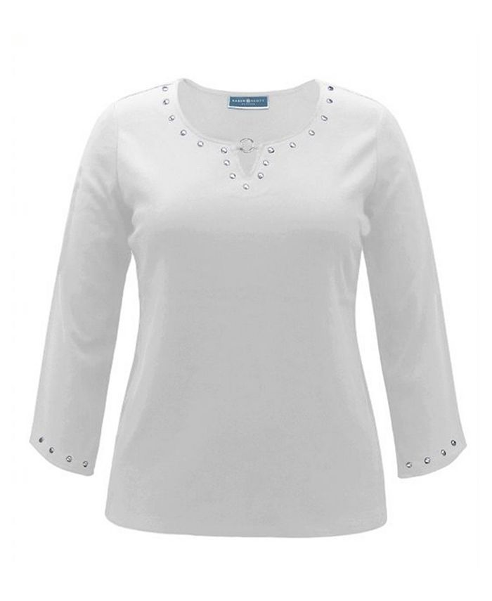 Karen Scott Women's Scalloped Studded Top White Size Small