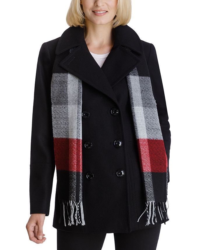 London Fog Petite Double-Breasted Peacoat & Plaid Scarf & Reviews ...