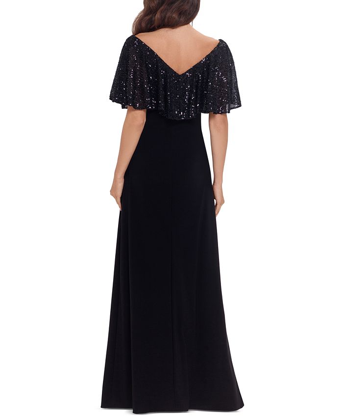 betsy & adam sequin & mesh overlay gown