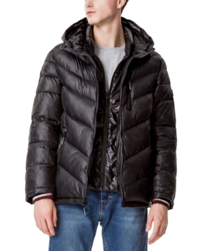 Tommy Hilfiger Men's Chevron Hooded Puffer Jacket with Attached Bib