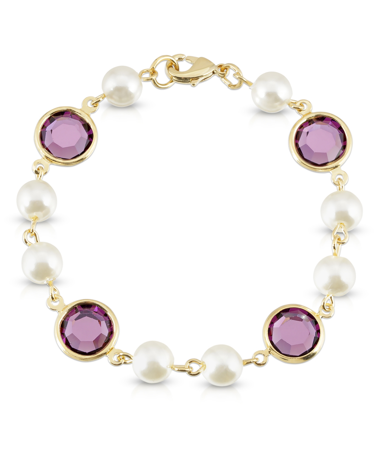 Gold-Tone Imitation Pearl with Purple Channels Link Bracelet - Purple