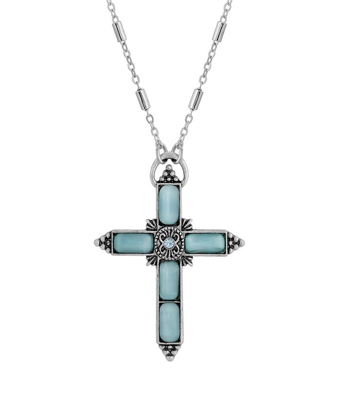 2028 SilverTone Aqua Moonstone Aqua Crystal Cross 20" Necklace Macy's