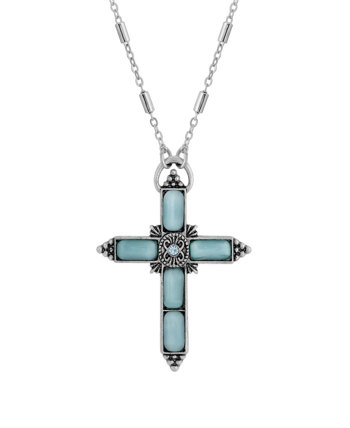 2028 Silver-tone Aqua Moonstone Aqua Crystal Cross 20" Necklace In Green