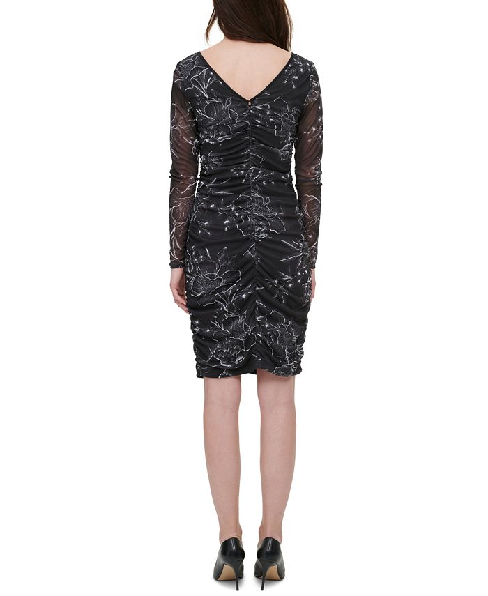GUESS Printed Mesh Ruched Dress - Macy's