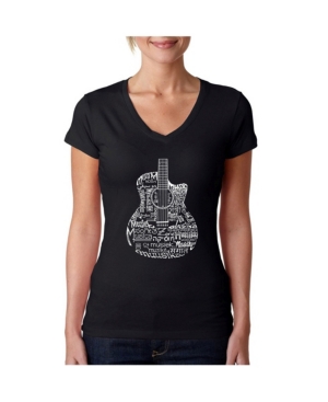 image of La Pop Art Women-s Word Art V-Neck Languages Guitar T-Shirt