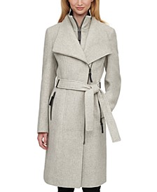 Women's Petite Faux-Leather-Trim Wrap Coat