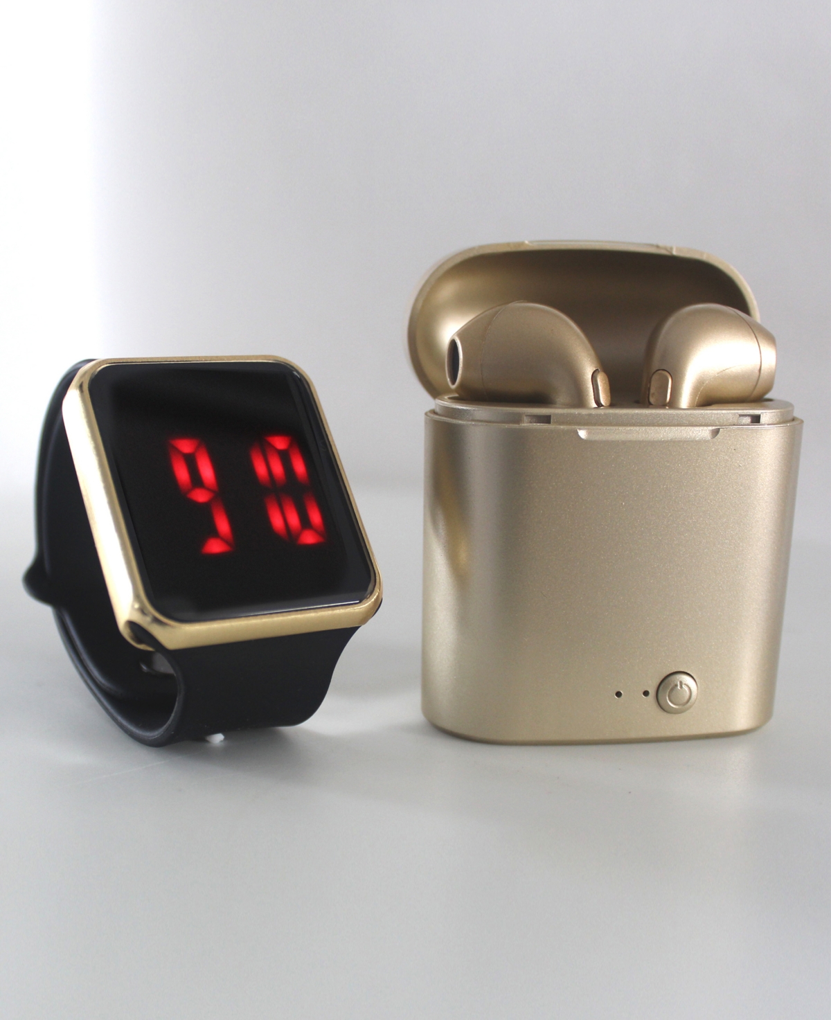 Unisex Led Touch Watch and Wireless Headphones with Portable Charging Case Set - Black Watch Strap/gold Watch Case/ Gold