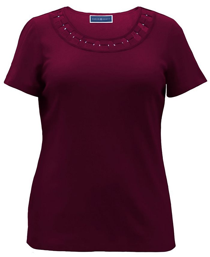 Karen Scott Cotton Ring-Trim T-Shirt, Created for Macy's - Macy's