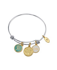 "Family" Tree Enamel Adjustable Bangle Bracelet in Stainless Steel with Silver Plated Charms