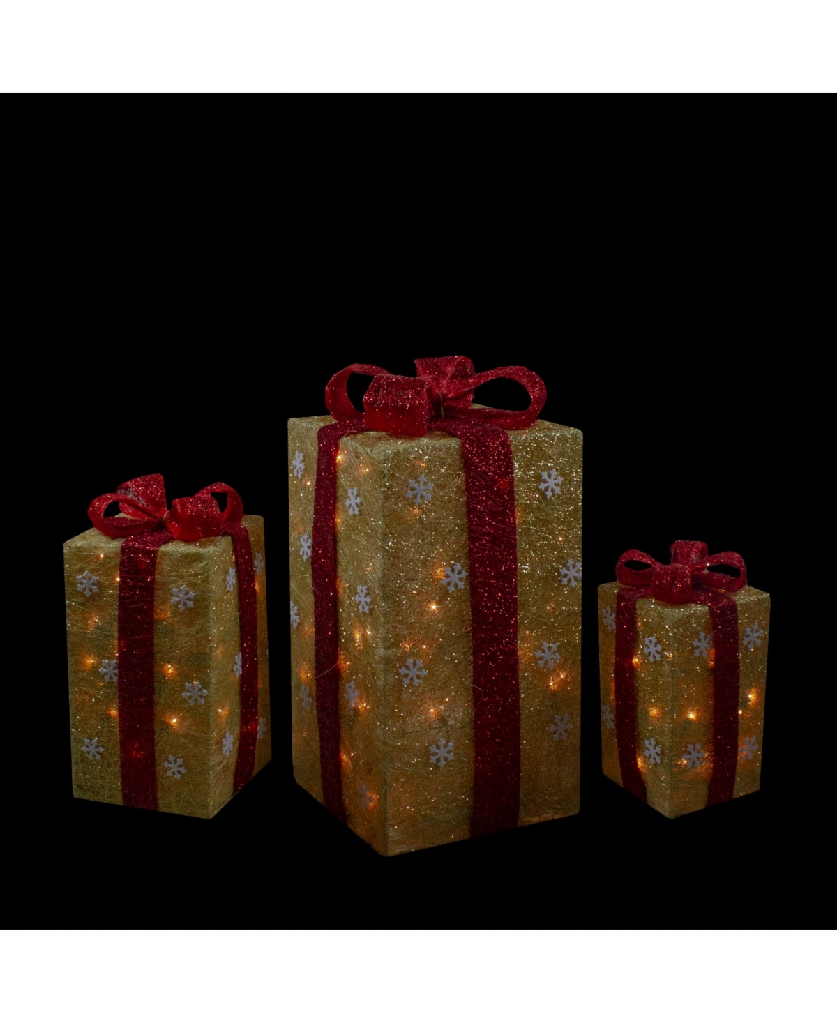 Northlight Lighted TallTone Sisal Gi Boxes with Red Bows Christmas Outdoor Decor - Gold