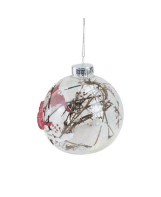 Branch and Snow Filled Glass Ball with Cardinals Christmas Ornament