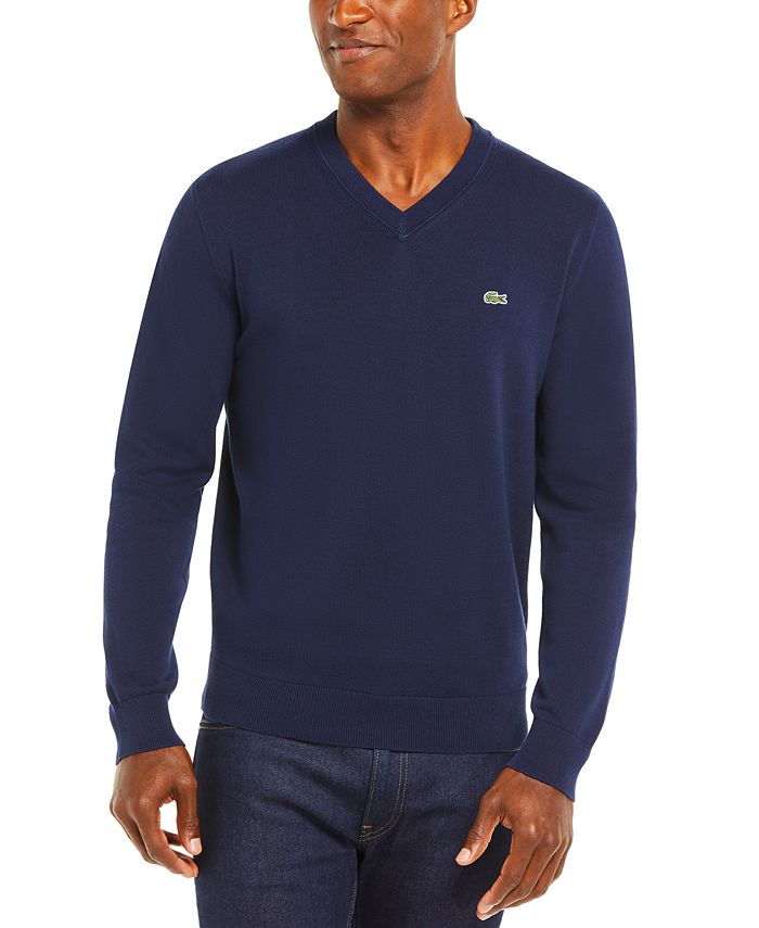 Lacoste Blue V-Neck Long Sleeve Cotton Knit Sweater Mens NWT 