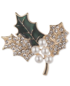 image of Anne Klein Gold-Tone Imitation Pearl & Crystal Holly Branch Pin
