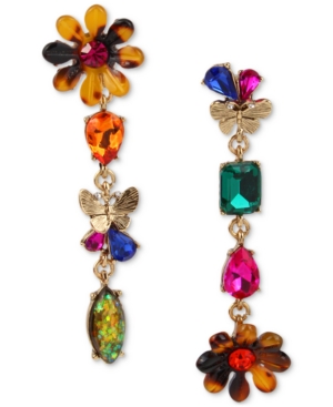 image of Betsey Johnson Gold-Tone Multicolor Crystal Flower Mismatch Linear Drop Earrings