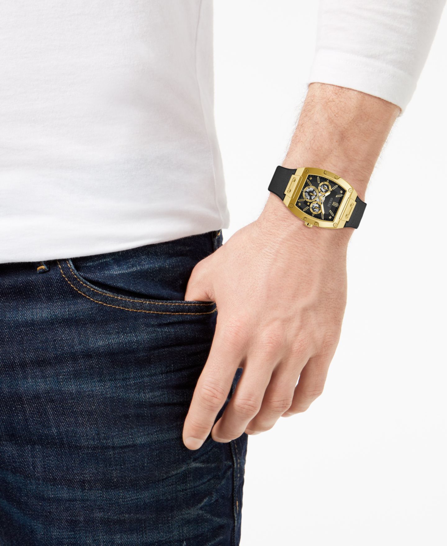 Мужские часы GUESS Black Leather & Silicone Flex Strap Watch 43mm — фото 2